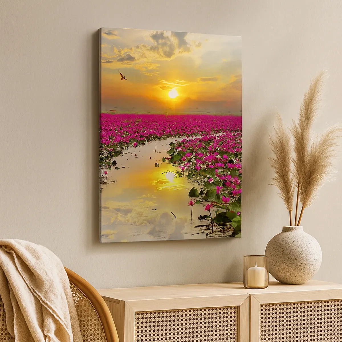 Quadro su tela - Stampe su Tela - Un campo di ninfee rosa al tramonto - 50x70cm - La vita segreta del lago - Decorazione murale moderna per soggiorno e camera da letto ARTTOR