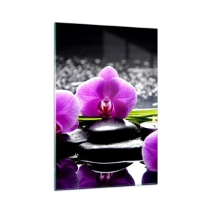 Quadro su vetro - Orchidee viola su uno sfondo di pietre e candele in un ambiente rilassante - 80x120cm - Annegare nel silenzio e nella pace - Decorazione murale moderna per soggiorno e camera da letto ARTTOR