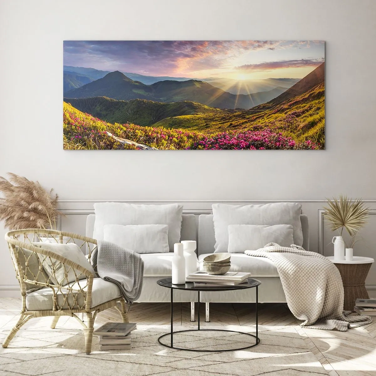 Quadro su vetro - Paesaggio montano con rododendri in fiore - 120x50cm - La freschezza di un mattino sui monti - Decorazione murale moderna per soggiorno e camera da letto ARTTOR