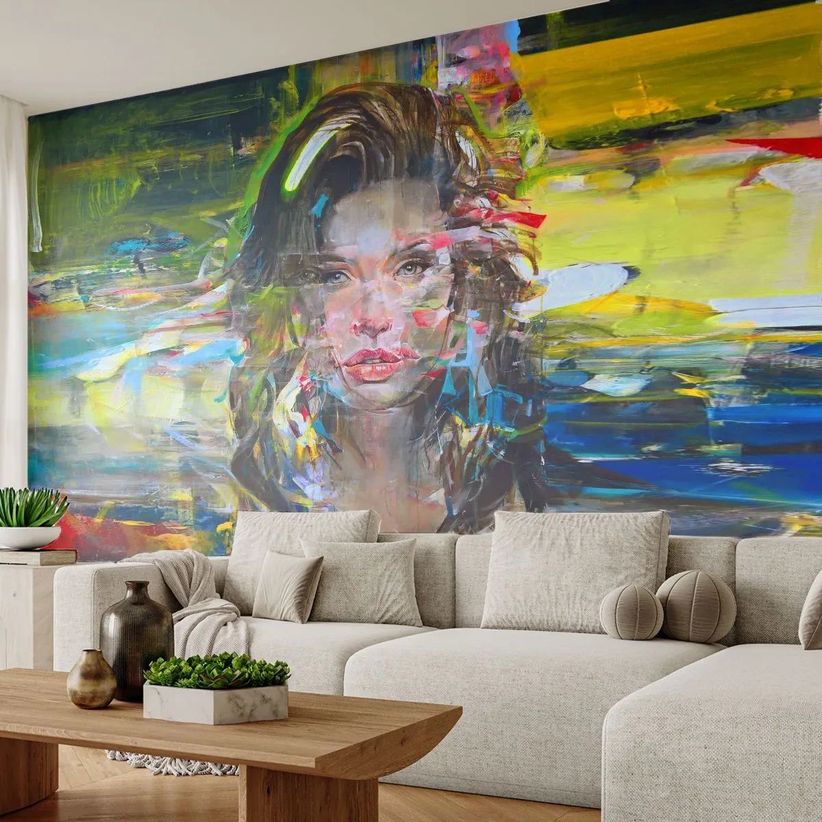 Fotomurali Standard Eco - Dietro una tenda di vento - Ritratto di una donna, Viso, Astrazione - 150x105 cm