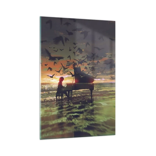 Quadro su vetro - Un pianoforte in riva al mare al tramonto con gli uccelli - 80x120cm - Concerto per pianoforte e onde - Decorazione murale moderna per soggiorno e camera da letto ARTTOR