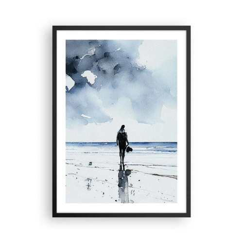 Poster in cornice nera - Paesaggio ad acquerello con una figura sulla spiaggia - 50x70cm - Dialogo con il mare - Decorazione murale moderna per soggiorno e camera da letto ARTTOR