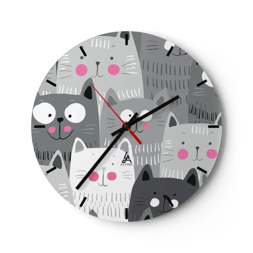 Orologio da parete - Orologio in Vetro - Gatti grigi e bianchi in stile illustrativo - 30x30cm - Il mondo dei gatti - Decorazione murale moderna per soggiorno, cucina e camera da letto ARTTOR