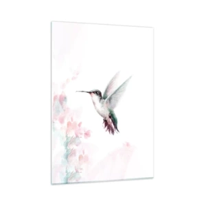 Quadro su vetro - Colibrì colorato in delicato acquerello - 50x70cm - Battito immobile - Decorazione murale moderna per soggiorno e camera da letto ARTTOR