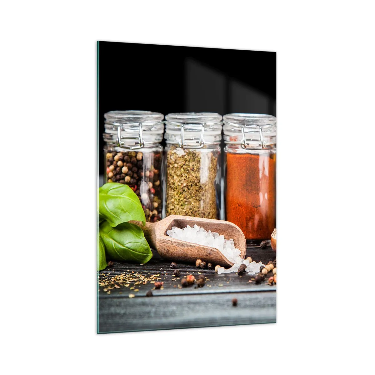 Quadro su vetro - Erbe e spezie in barattoli di vetro su sfondo scuro - 70x100cm - Perché la vita abbia sapore - Decorazione murale moderna per soggiorno e camera da letto ARTTOR