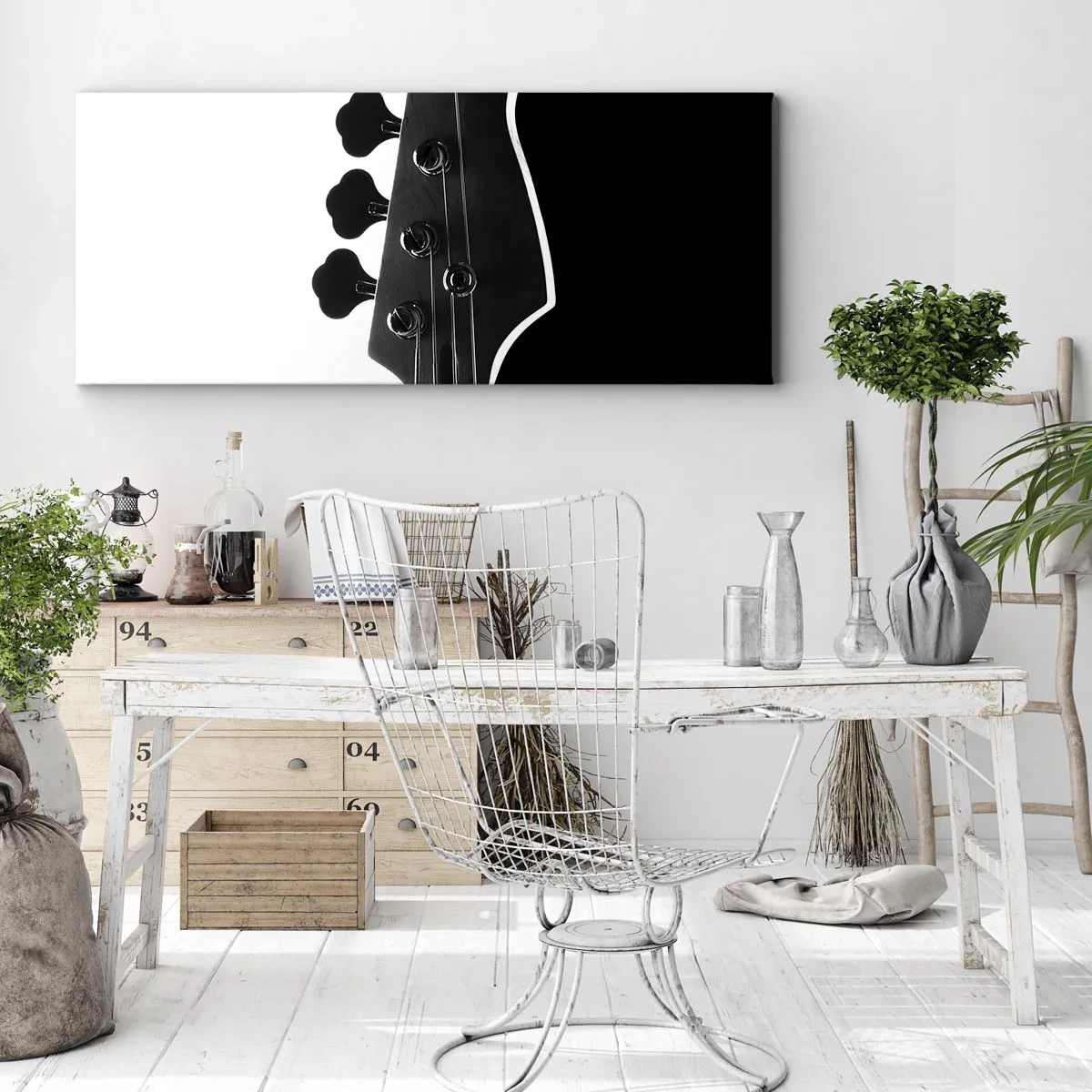 Quadro su tela - Stampe su Tela - Sagoma in bianco e nero della paletta di un basso - 120x50cm - Silenzio rock - Decorazione murale moderna per soggiorno e camera da letto ARTTOR