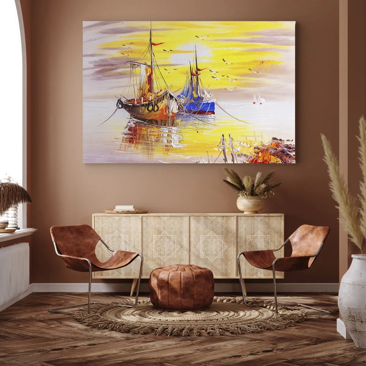 Quadro su tela - Stampe su Tela - Una scena pittorica di barche su un mare calmo - 70x50cm - Meritato riposo nel porto - Decorazione murale moderna per soggiorno e camera da letto ARTTOR