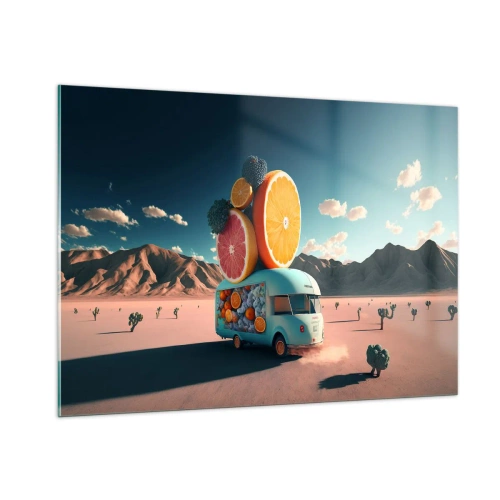 Quadro su vetro - Un camper turchese con frutta sullo sfondo di un paesaggio desertico - 100x70cm - Il sapore delle vacanze - Decorazione murale moderna per soggiorno e camera da letto ARTTOR