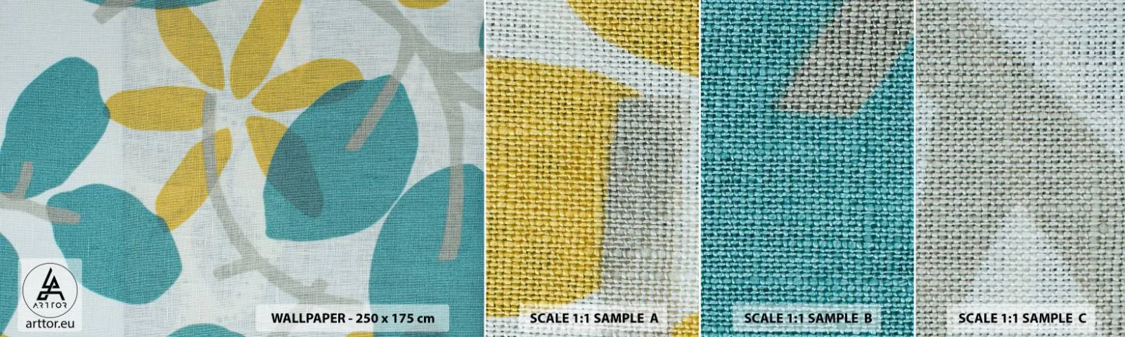 Campione Di Fotomurale Standard Eco - Tra le foglie azzurre - Boho, Fiori, Minimalismo - 100x30 cm