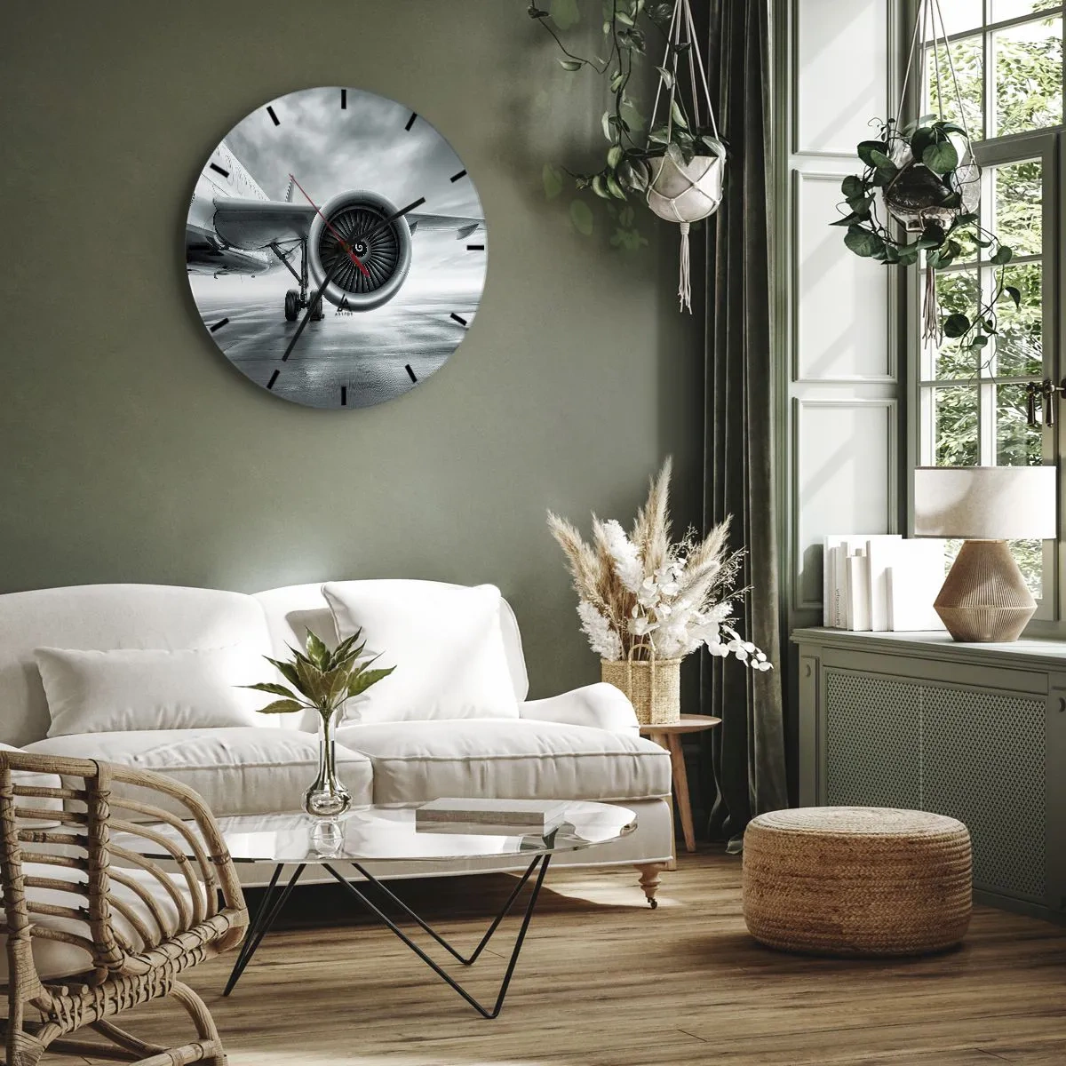 Orologio da parete - Orologio in Vetro - Vista del motore di un aereo passeggeri sulla pista dell'aeroporto - 30x30cm - C'è la forza! - Decorazione murale moderna per soggiorno, cucina e camera da letto ARTTOR