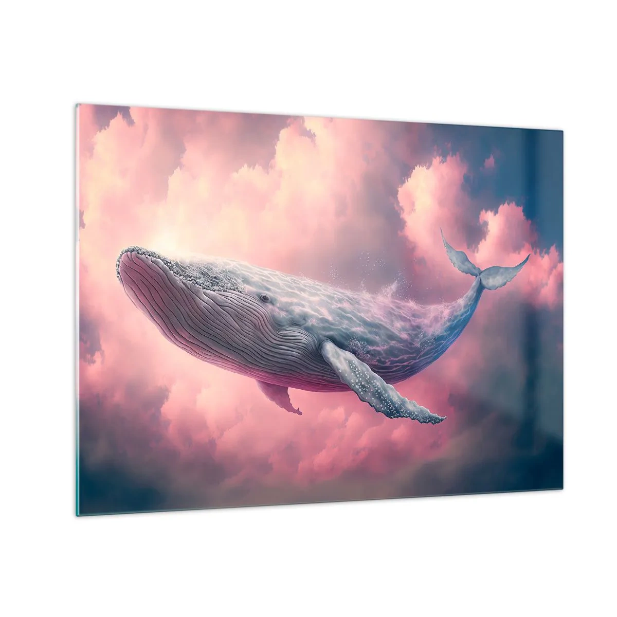 Quadro su vetro - Una balena che galleggia tra le nuvole con un bagliore rosa - 70x50cm - Strofinati gli occhi - Decorazione murale moderna per soggiorno e camera da letto ARTTOR