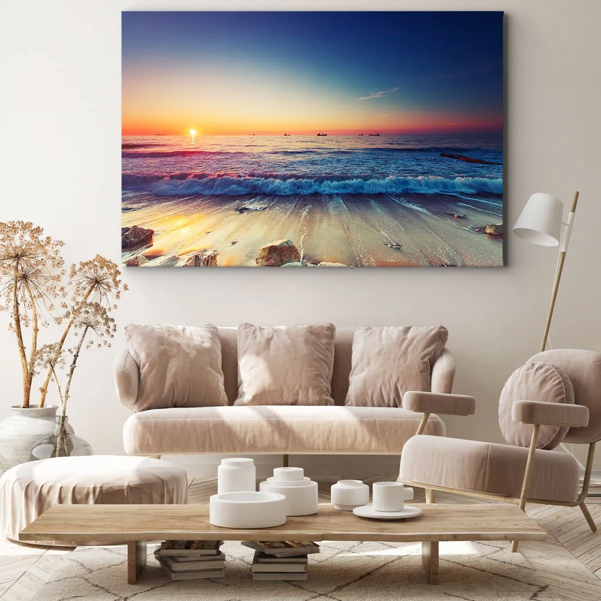 Quadro su tela - Stampe su Tela - Tramonto su un mare calmo con onde - 120x80cm - Cosa c'è dietro l'orizzonte? - Decorazione murale moderna per soggiorno e camera da letto ARTTOR