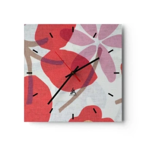 Orologio da parete - Orologio in Vetro - Fiori e foglie nelle tonalità del rosso e del rosa - 30x30cm - Composizione di fiori in rosa - Decorazione murale moderna per soggiorno e camera da letto ARTTOR