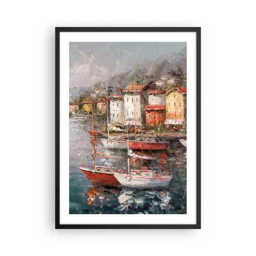 Poster in cornice nera - Un porto pittoresco con barche a vela in stile impressionista - 50x70cm - Molo romantico - Decorazione murale moderna per soggiorno e camera da letto ARTTOR