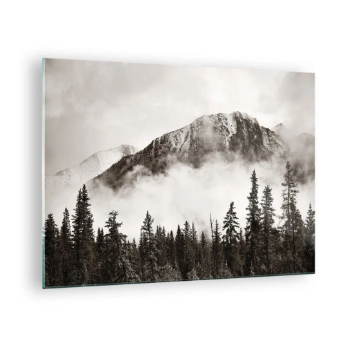 Quadro su vetro - Paesaggio montano con foresta e nebbia nei toni seppia - 70x50cm - Il sovrano di granito - Decorazione murale moderna per soggiorno e camera da letto ARTTOR