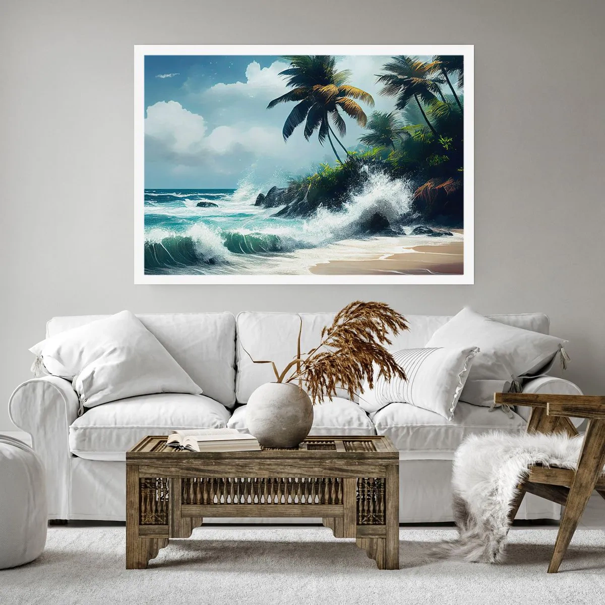 Poster - Costa tropicale con palme e mare agitato - 100x70cm - Sulla riva tropicale - Decorazione murale moderna per soggiorno e camera da letto ARTTOR