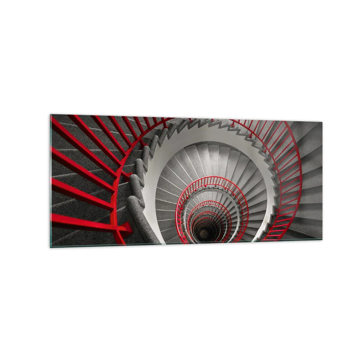 Quadro su vetro - Scala a chiocciola con corrimano rossi in prospettiva dinamica - 120x50cm - I giochi dell'architettura - Decorazione murale moderna per soggiorno e camera da letto ARTTOR