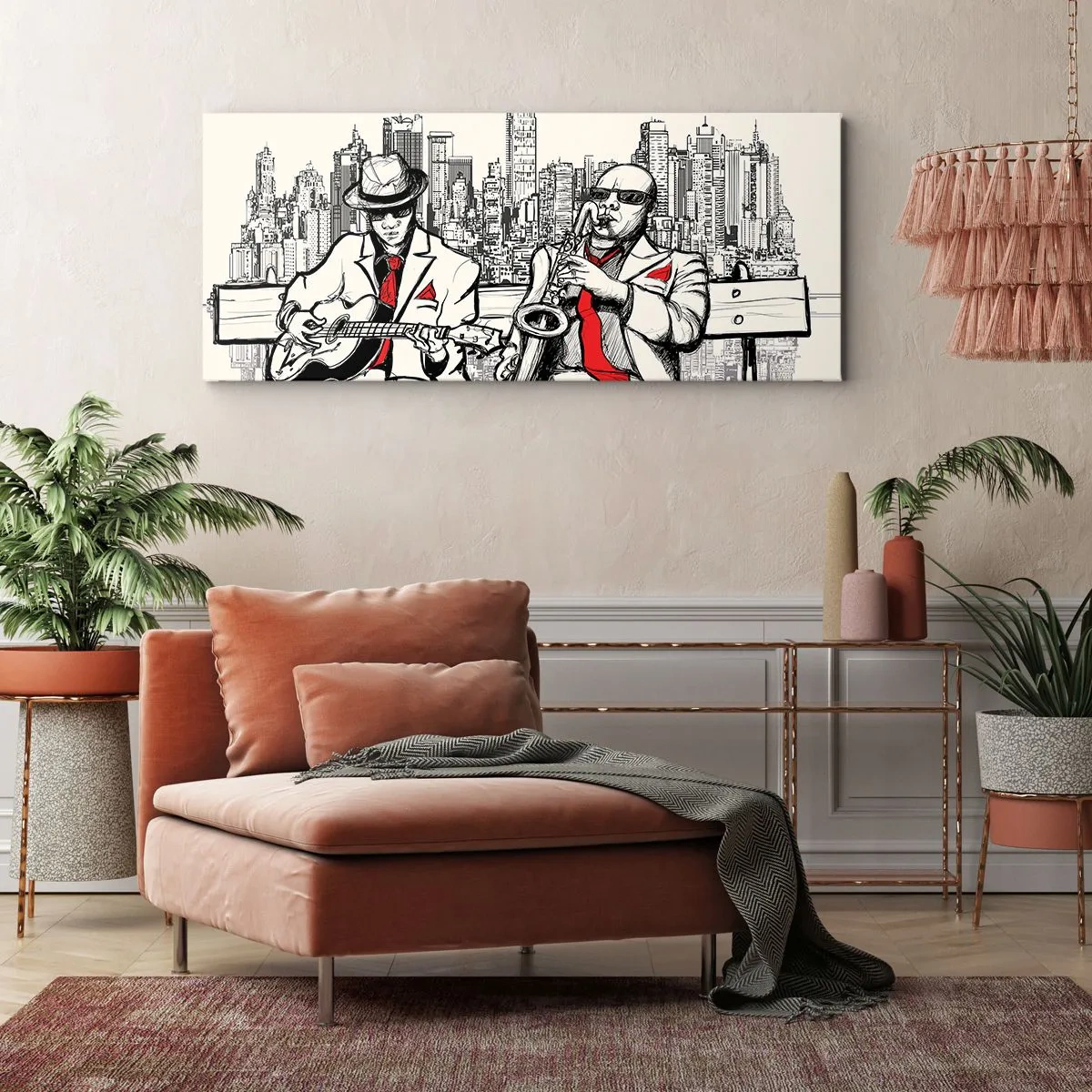 Quadro su tela - Stampe su Tela - Un duo jazz con sassofono e chitarra sullo sfondo della città - 160x50cm - Improvvisare a New York - Decorazione murale moderna per soggiorno e camera da letto ARTTOR