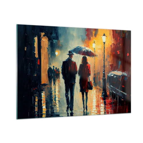 Quadro su vetro - Una coppia cammina di notte con un ombrello lungo una strada bagnata. - 100x70cm - Love story cittadina - Decorazione murale moderna per soggiorno e camera da letto ARTTOR