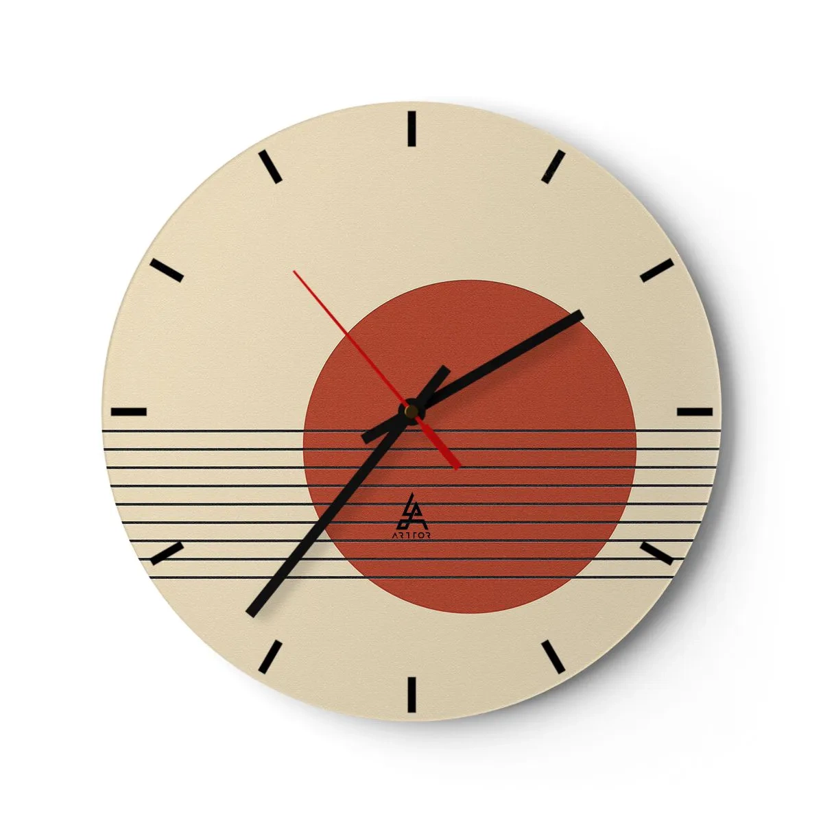 Orologio da parete - Orologio in Vetro - Motivo geometrico con un cerchio arancione e linee nere - 30x30cm - Nel cerchio e oltre - Decorazione murale moderna per soggiorno, cucina e camera da letto ARTTOR