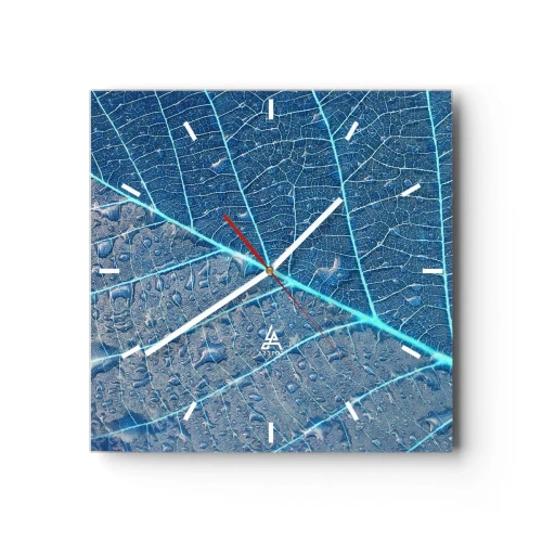 Orologio da parete - Orologio in Vetro - Una foglia nei toni del blu con gocce d'acqua - 30x30cm - Vita nel blu - Decorazione murale moderna per soggiorno e camera da letto ARTTOR