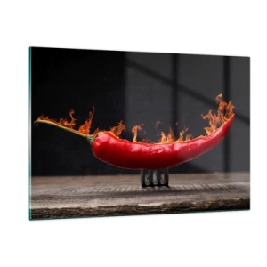 Quadro su vetro - Peperoncino rosso bruciante su sfondo nero - 120x80cm - Stuzzichino infuocato - Decorazione murale moderna per soggiorno e camera da letto ARTTOR