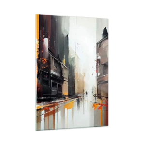 Quadro su vetro - Una strada sotto la pioggia con alti edifici dai colori caldi - 50x70cm - Un giorno di pioggia - Decorazione murale moderna per soggiorno e camera da letto ARTTOR