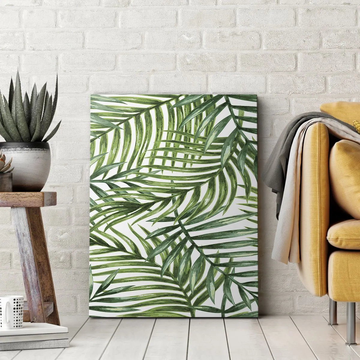 Quadro su tela - Stampe su Tela - Foglie di palma tropicali verdi su sfondo chiaro - 70x100cm - Sotto un baldacchino verde - Decorazione murale moderna per soggiorno e camera da letto ARTTOR