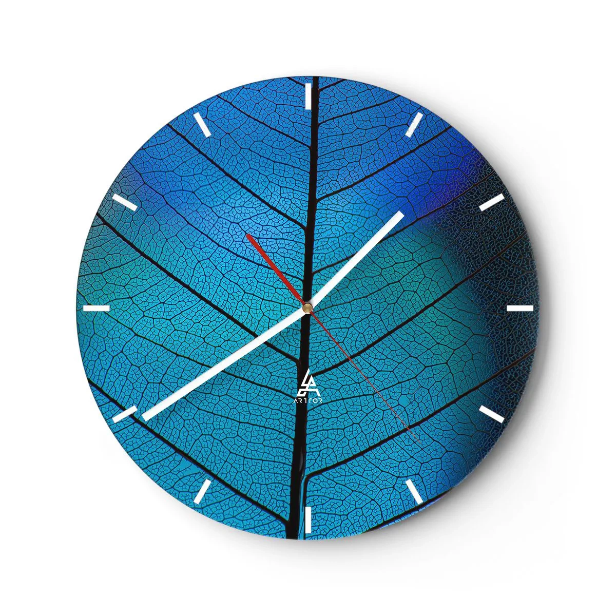 Orologio da parete - Orologio in Vetro - Primo piano della struttura della foglia nelle tonalità del blu e del nero - 30x30cm - Struttura intricata - Decorazione murale moderna per soggiorno, cucina e camera da letto ARTTOR