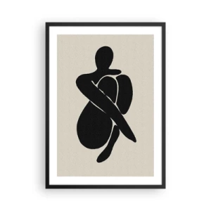 Poster in cornice nera - Figura astratta in posa con le braccia avvolte attorno al corpo, illustrazione in bianco e nero - 50x70cm - Nelle proprie braccia - Decorazione murale moderna per soggiorno e camera da letto ARTTOR