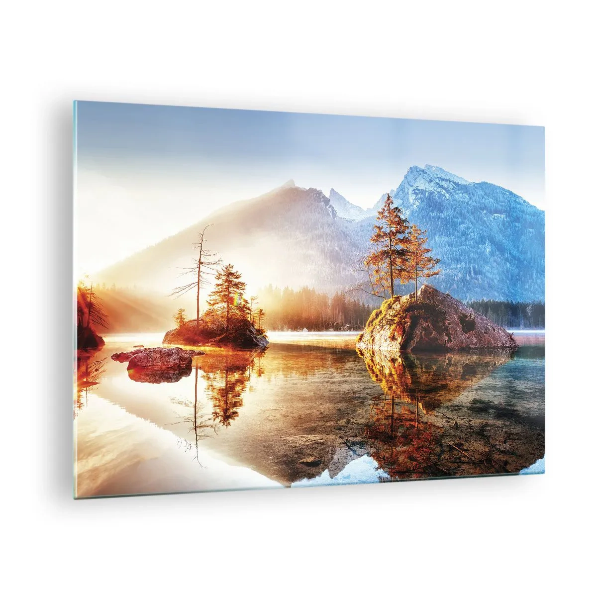 Quadro su vetro - Paesaggio montano al mattino con alberi e riflesso nel lago - 70x50cm - La natura in una nuova luce - Decorazione murale moderna per soggiorno e camera da letto ARTTOR