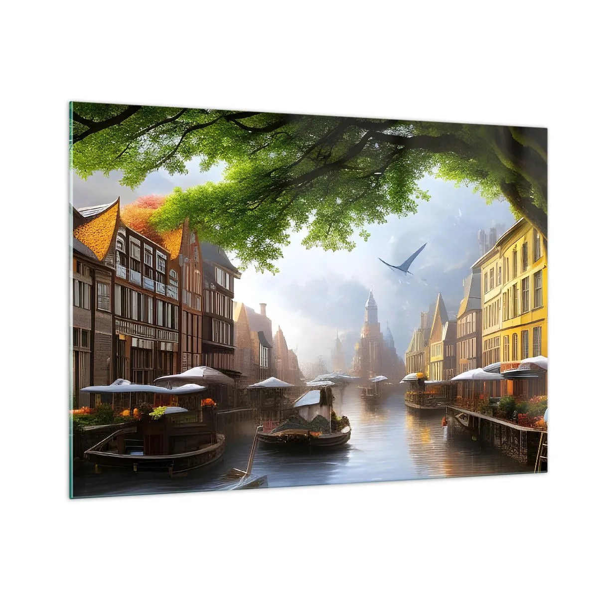 Quadro su vetro - Una suggestiva vista di un canale olandese con barche ed edifici - 100x70cm - Paesaggio urbano olandese - Decorazione murale moderna per soggiorno e camera da letto ARTTOR