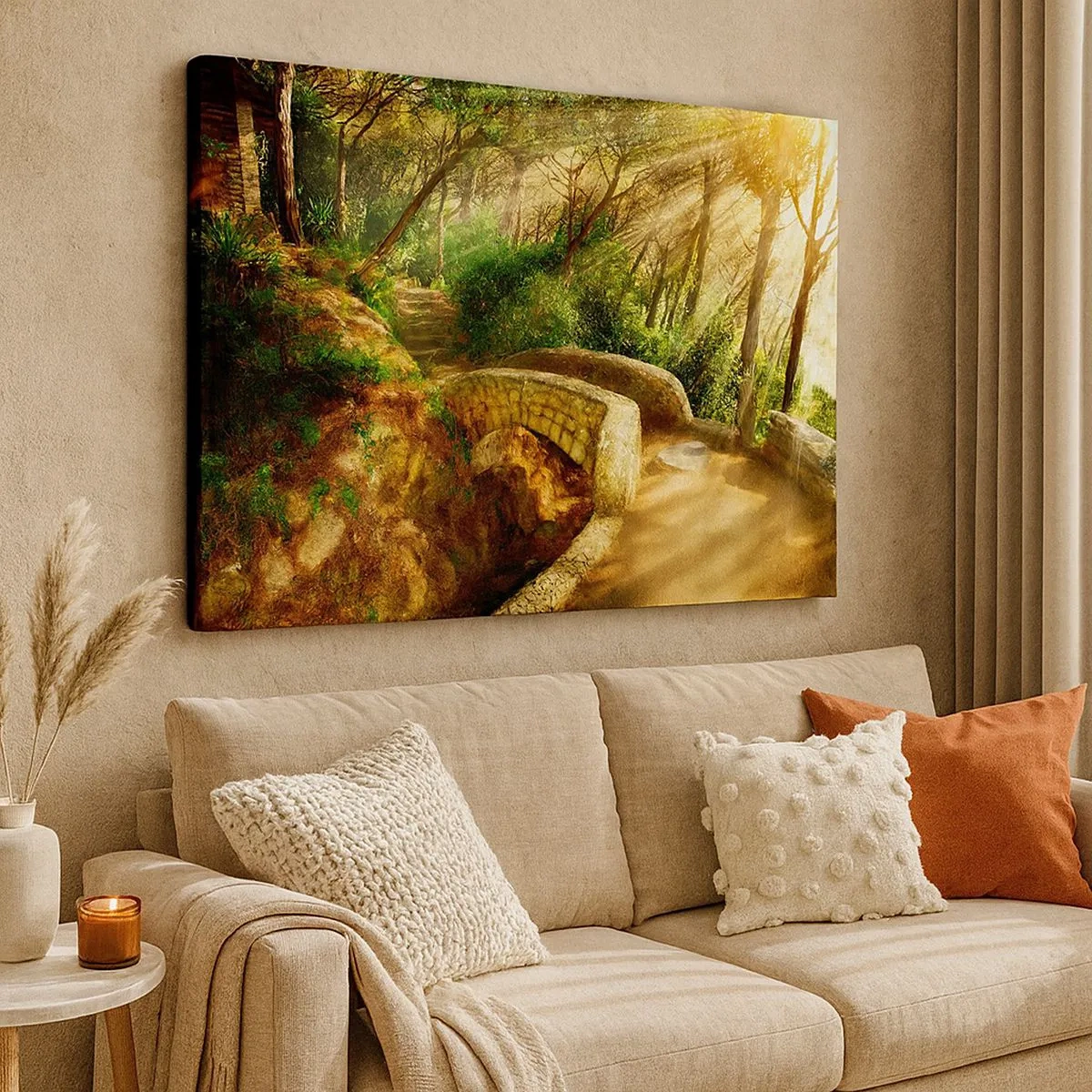 Quadro su tela - Stampe su Tela - Paesaggio forestale con raggi di sole e un ponte di pietra - 70x50cm - Dal ponte direttamente nel bosco delle fiabe - Decorazione murale moderna per soggiorno e camera da letto ARTTOR