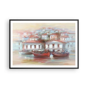 Poster in cornice nera - Barche colorate e pittoreschi edifici in riva all'acqua in tonalità pastello - 100x70cm - Cittadina felice - Decorazione murale moderna per soggiorno e camera da letto ARTTOR