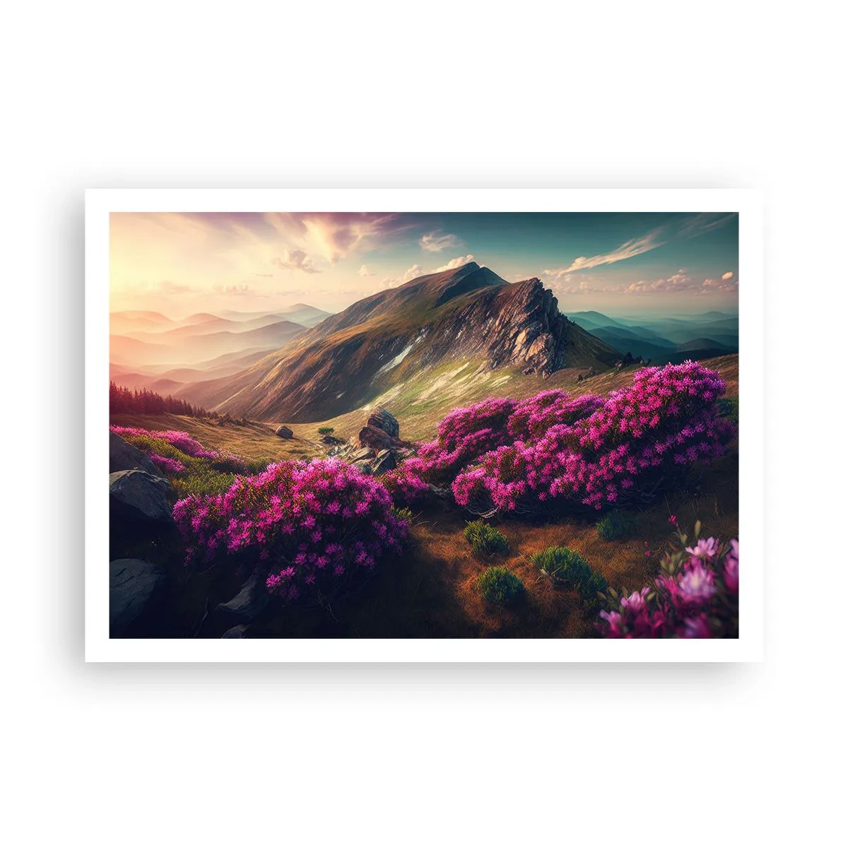 Poster - Paesaggio montano con rododendri in fiore - 100x70cm - L'estate sui monti - Decorazione murale moderna per soggiorno e camera da letto ARTTOR
