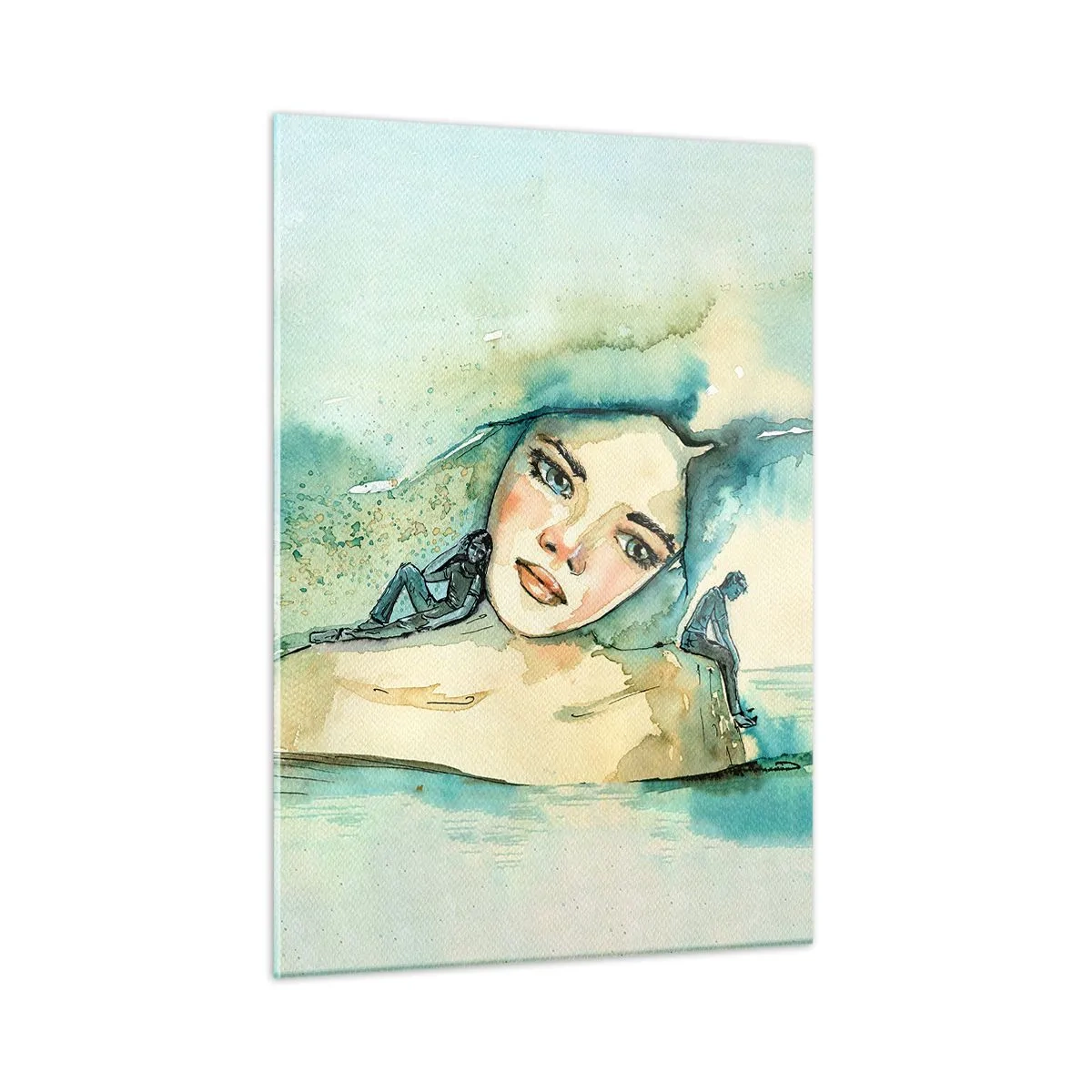 Quadro su vetro - Ritratto di donna in stile acquerello con sagome di figure - 50x70cm - Am I blue? - Decorazione murale moderna per soggiorno e camera da letto ARTTOR