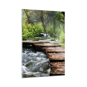 Quadro su vetro - Un ponte di legno sopra un ruscello impetuoso - 50x70cm - Sulla cascata spumeggiante - Decorazione murale moderna per soggiorno e camera da letto ARTTOR