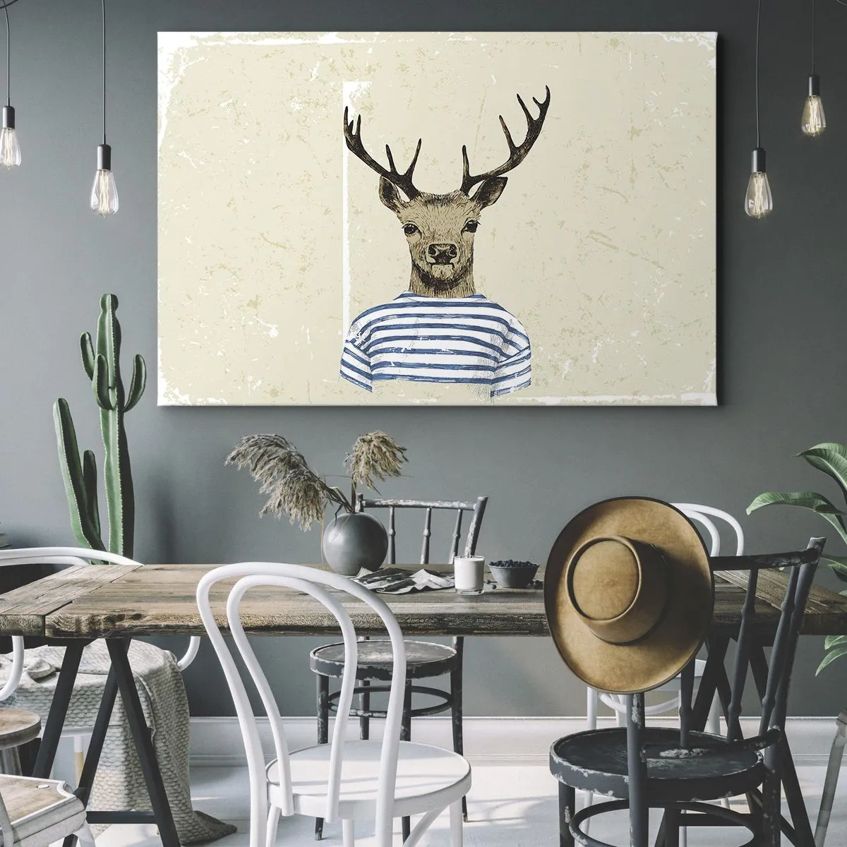 Quadro su tela - Stampe su Tela - Un cervo con una camicia a righe su uno sfondo chiaro con una trama delicata - 70x50cm - Mi piacciono le camicie a righe! - Decorazione murale moderna per soggiorno e camera da letto ARTTOR