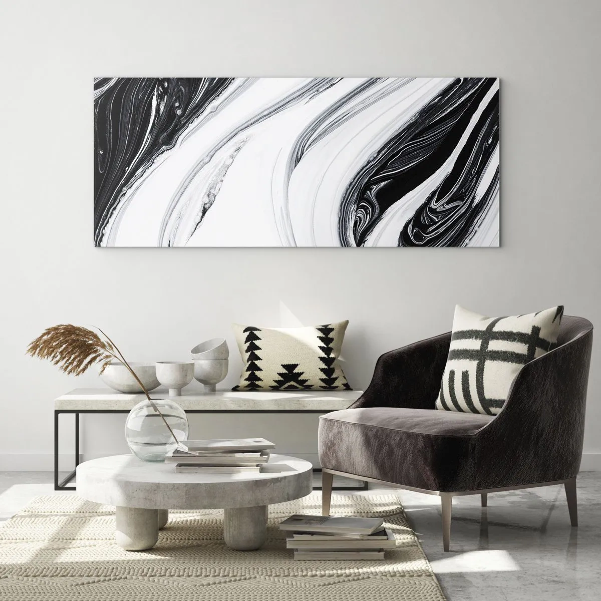 Quadro su vetro - Astrazione in bianco e nero con linee dinamiche e vortici - 120x50cm - L'unione degli opposti - Decorazione murale moderna per soggiorno e camera da letto ARTTOR