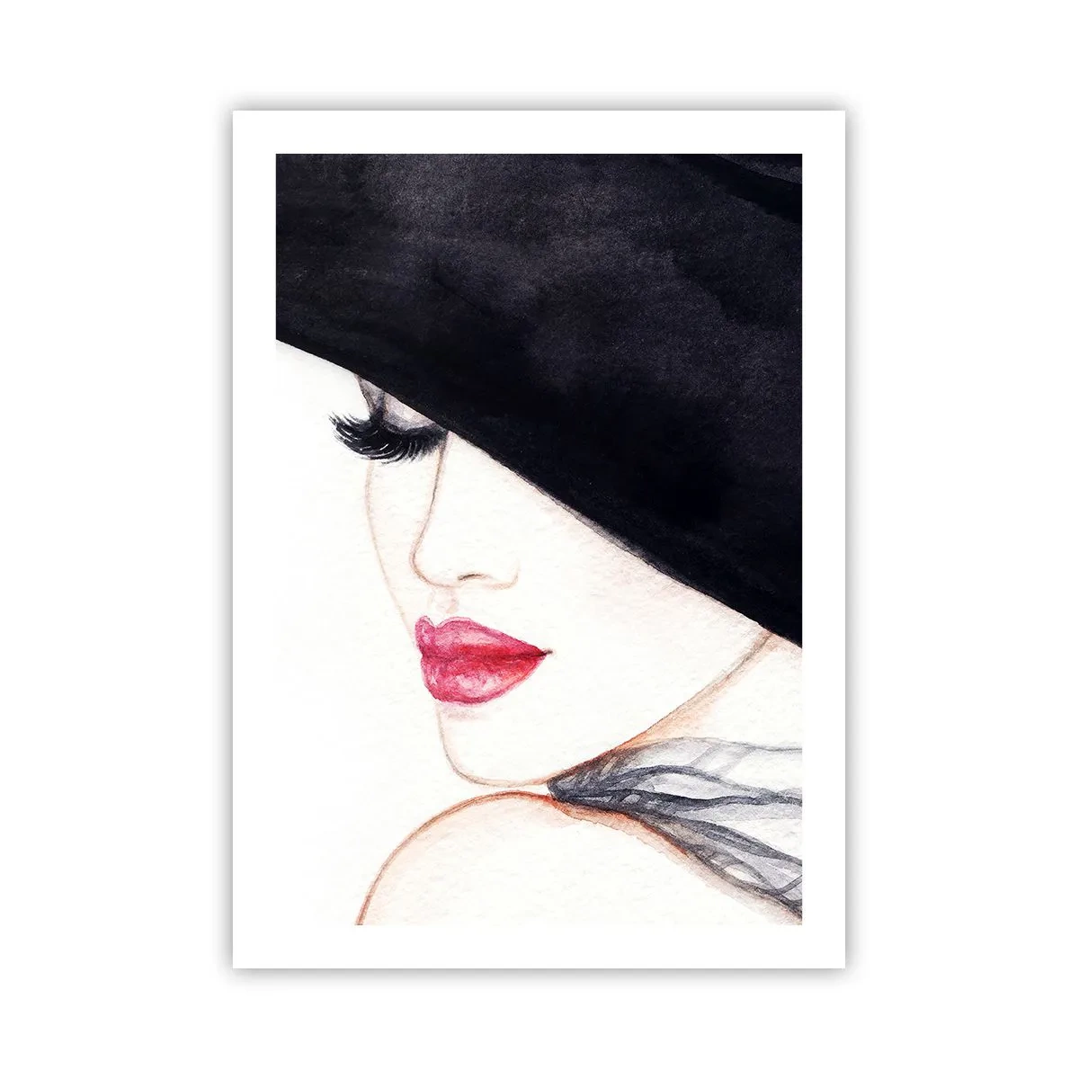 Poster - Ritratto di una donna con un cappello nero e labbra rosse - 50x70cm - Eleganza e sensualità - Decorazione murale moderna per soggiorno e camera da letto ARTTOR