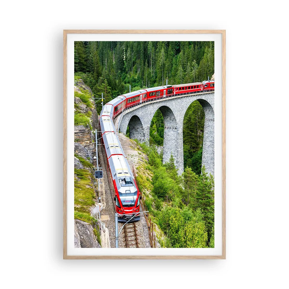 Poster in cornice rovere chiaro - Il treno tra i monti - 70x100 cm