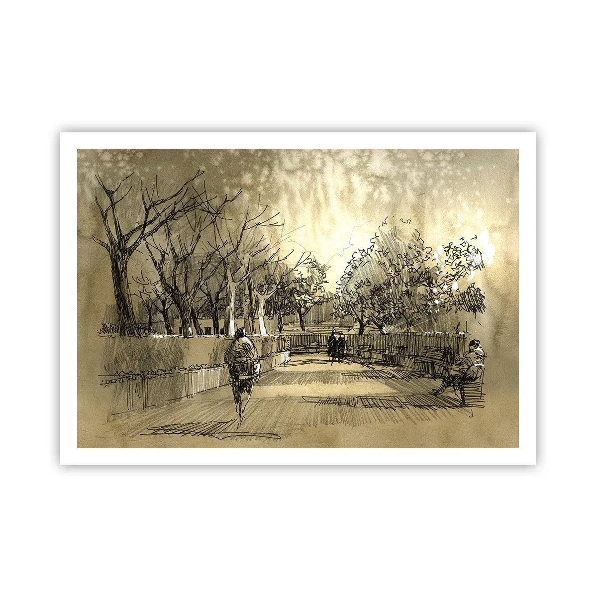 Poster - Una scena di cartone animato di un parco con persone che camminano in toni caldi. - 100x70cm - Attimo fermato con la penna - Decorazione murale moderna per soggiorno e camera da letto ARTTOR