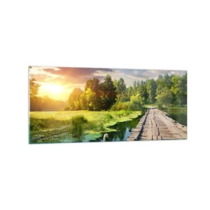 Quadro su vetro - Un paesaggio pittoresco con un ponte e un cigno - 120x50cm - Estate, estate ovunque - Decorazione murale moderna per soggiorno e camera da letto ARTTOR