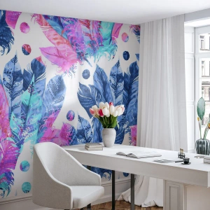 Fotomurali Premium Canvas - Pennacchi in rosa e blu - Piuma di uccello, Illustrazione colorata, Grafica - 350x256 cm