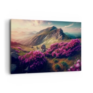 Quadro su tela - Stampe su Tela - Paesaggio montano con rododendri in fiore - 120x80cm - L'estate sui monti - Decorazione murale moderna per soggiorno e camera da letto ARTTOR