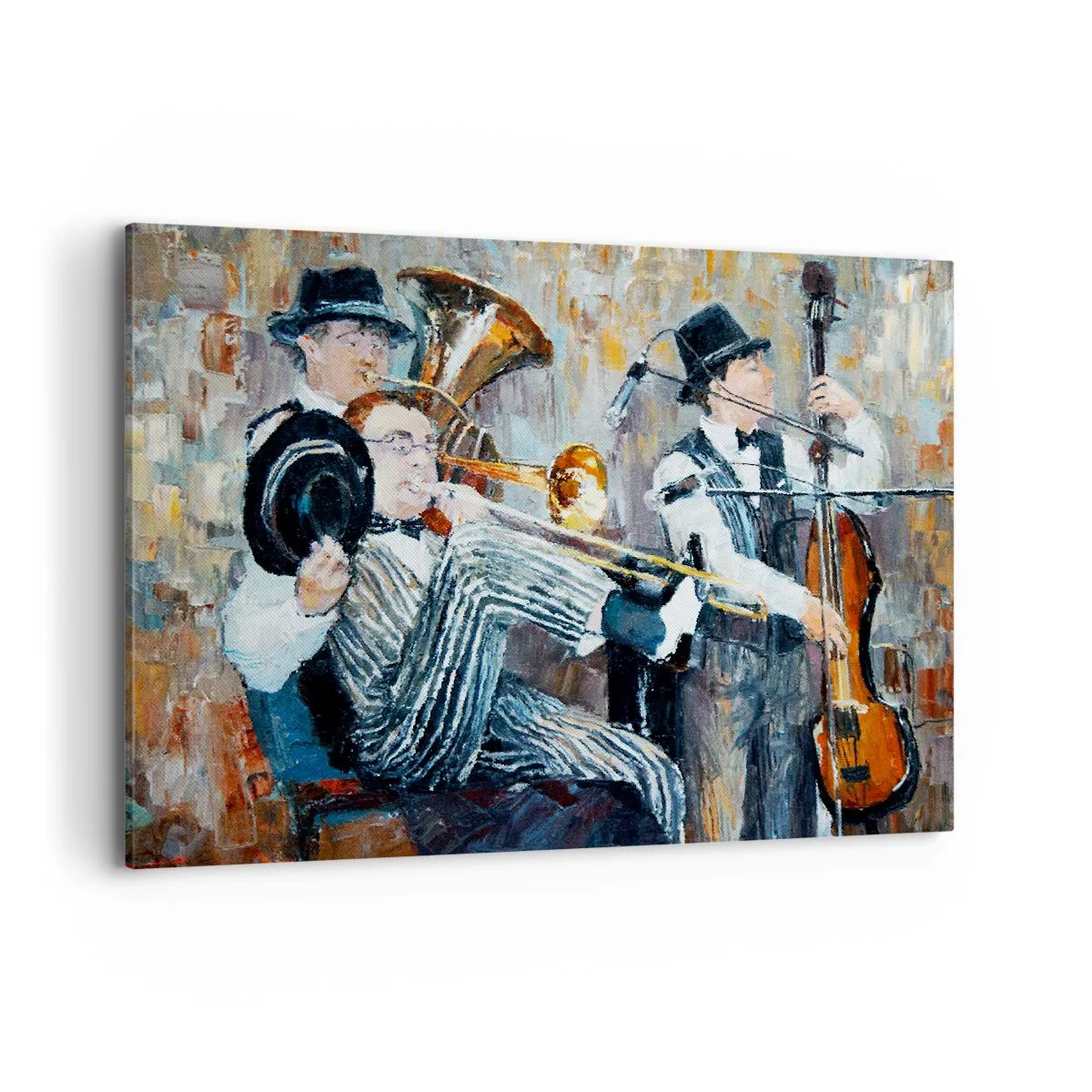 Quadro su tela - Stampe su Tela - Musicisti jazz in stile pittorico durante un concerto - 120x80cm - Tutto il jazz - Decorazione murale moderna per soggiorno e camera da letto ARTTOR