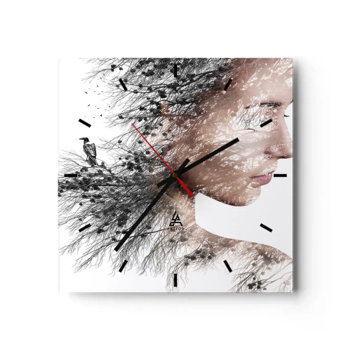Orologio da parete - Orologio in Vetro - Silhouette di una donna con un motivo di ramo e uccello sullo sfondo - 30x30cm - Lo spirito della foresta - Decorazione murale moderna per soggiorno e camera da letto ARTTOR