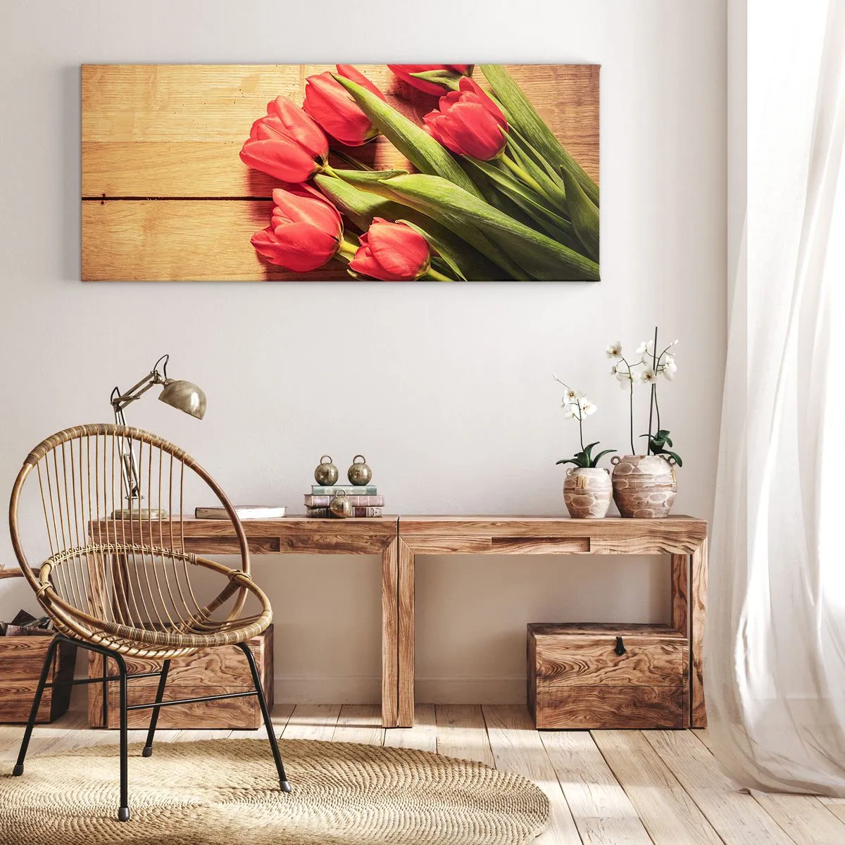 Quadro su tela - Stampe su Tela - Un mazzo di tulipani rosa su uno sfondo di legno - 140x50cm - Confessione primaverile - Decorazione murale moderna per soggiorno e camera da letto ARTTOR