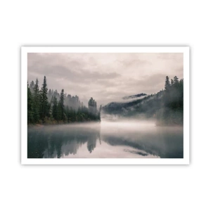 Poster - Una foresta nebbiosa riflessa in un lago calmo - 100x70cm - Riflettendo nella nebbia - Decorazione murale moderna per soggiorno e camera da letto ARTTOR