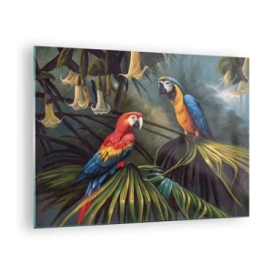 Quadro su vetro - Due pappagalli colorati sullo sfondo di una giungla tropicale - 70x50cm - Romanticità ai tropici - Decorazione murale moderna per soggiorno e camera da letto ARTTOR